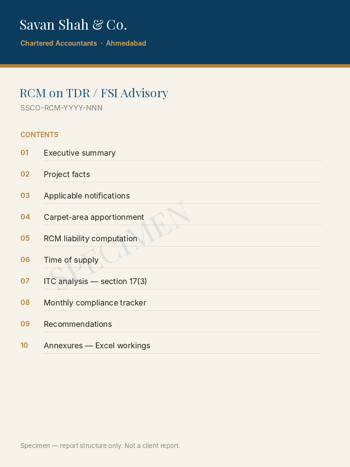 RCM on TDR / FSI Advisory — report structure (specimen)